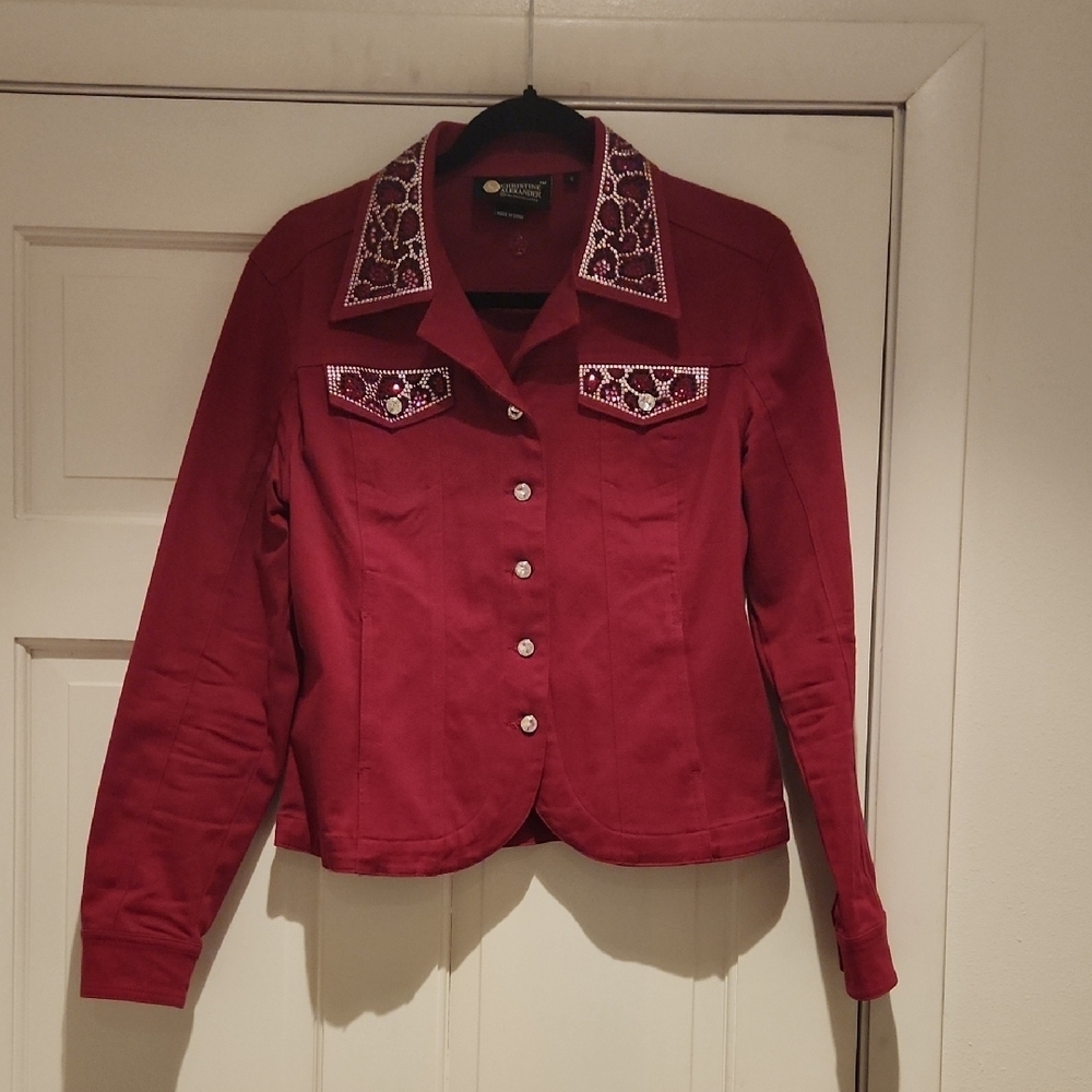 Christine Alexander Dark Rose Embellished Jean Jacket Women's S NWOT